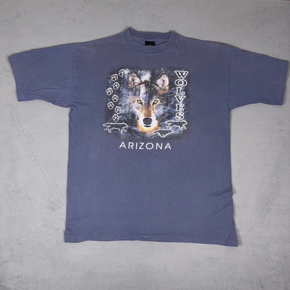 Vintage 90s Prairie Mountain Arizona‎ Wolves T-Shirt XL Blue Made in USA Cotton